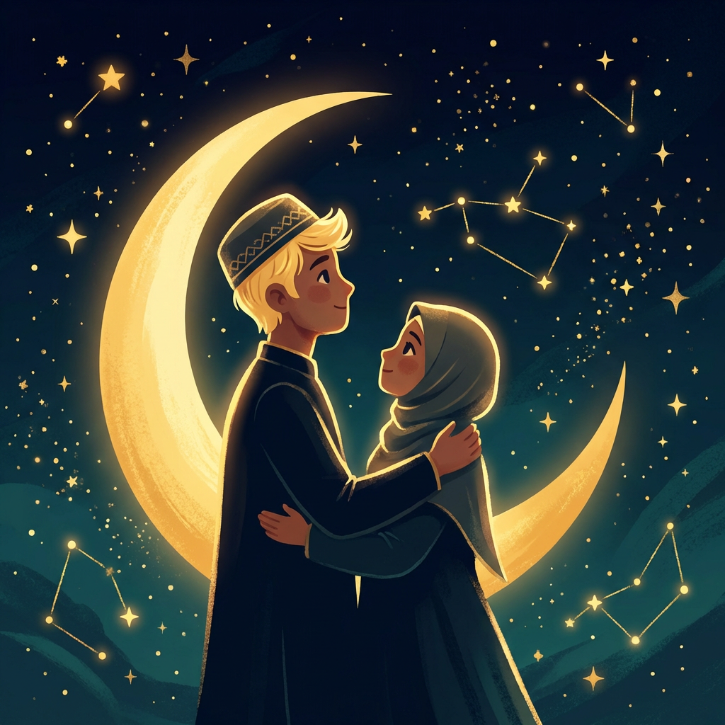 Together under the stars and crescent moon