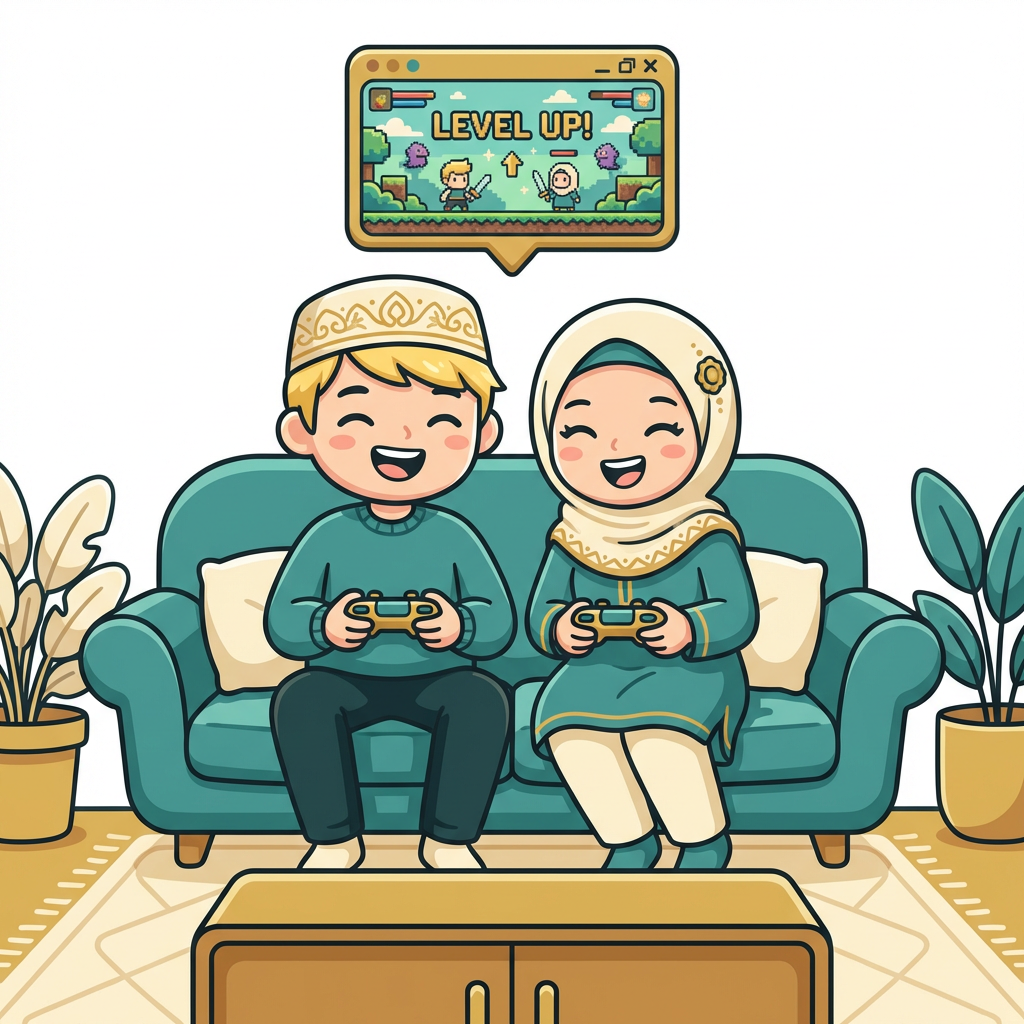 A Muslim couple playing video games together on the couch