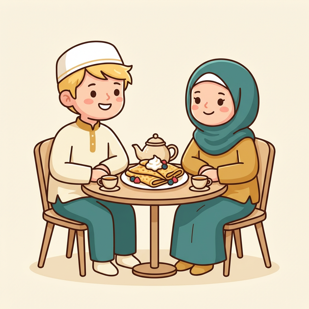 A cute Muslim couple sharing palačinke together