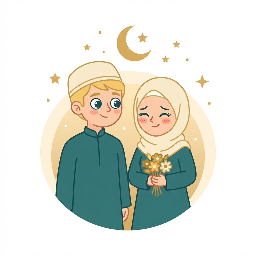 A Muslim couple sharing a tender moment under the moonlight